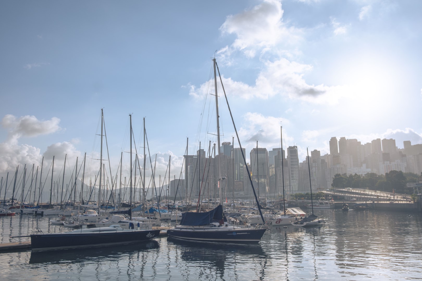 Dense skyline with harbor boats